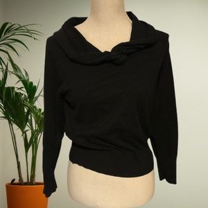 Retro A Line Classic Black Fitted Blouse Knotted Rose Scoop Neck